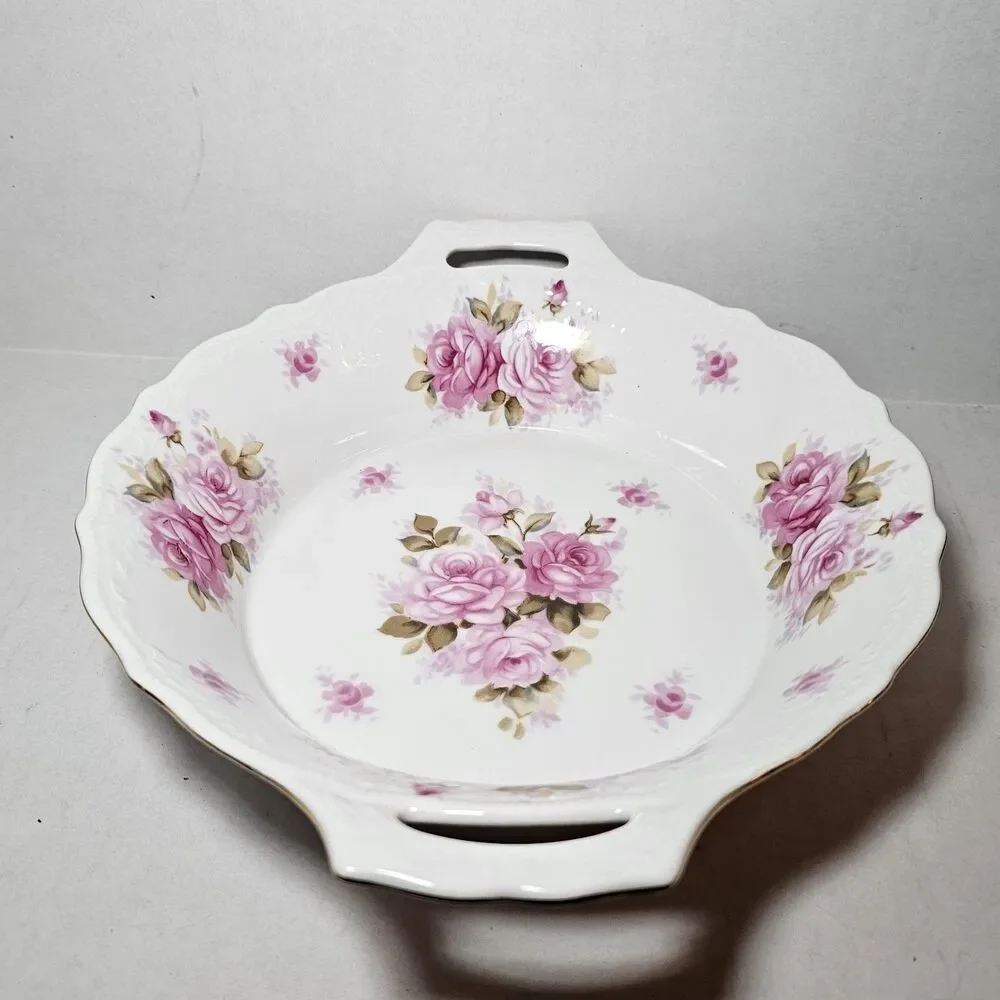 VTG Andrea by Sadek Round Serving Bowl Pattern 8118 Pink Roses Gold Trim Handles